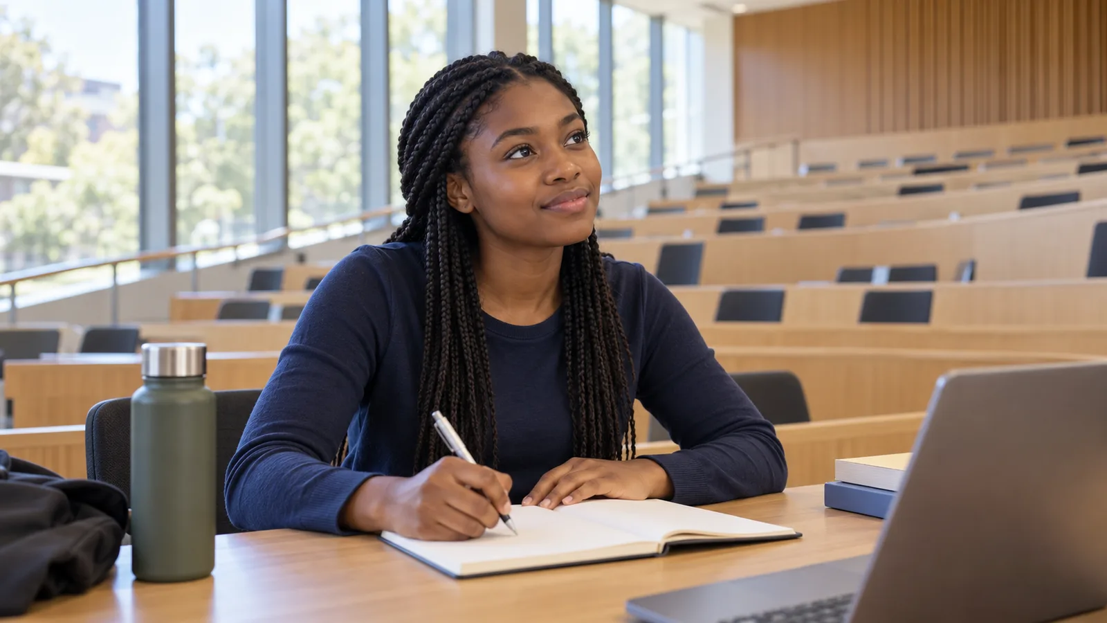 A Nigerian student takes notes during study in an Australian university lecture hall.