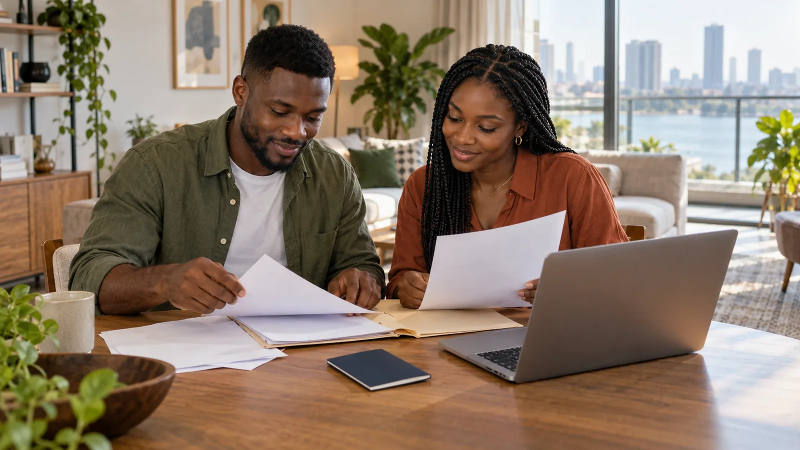 A young Nigerian couple sorts documents beside a laptop and passport at a wooden table in a bright Lagos apartment.