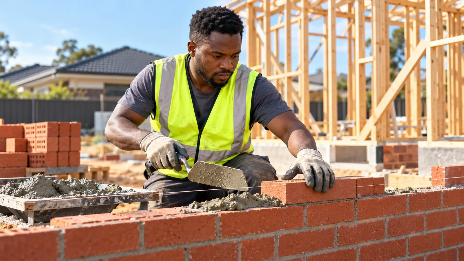 Nigerian bricklayer laying red face bricks to a string line on a sunny Australian house-building site.