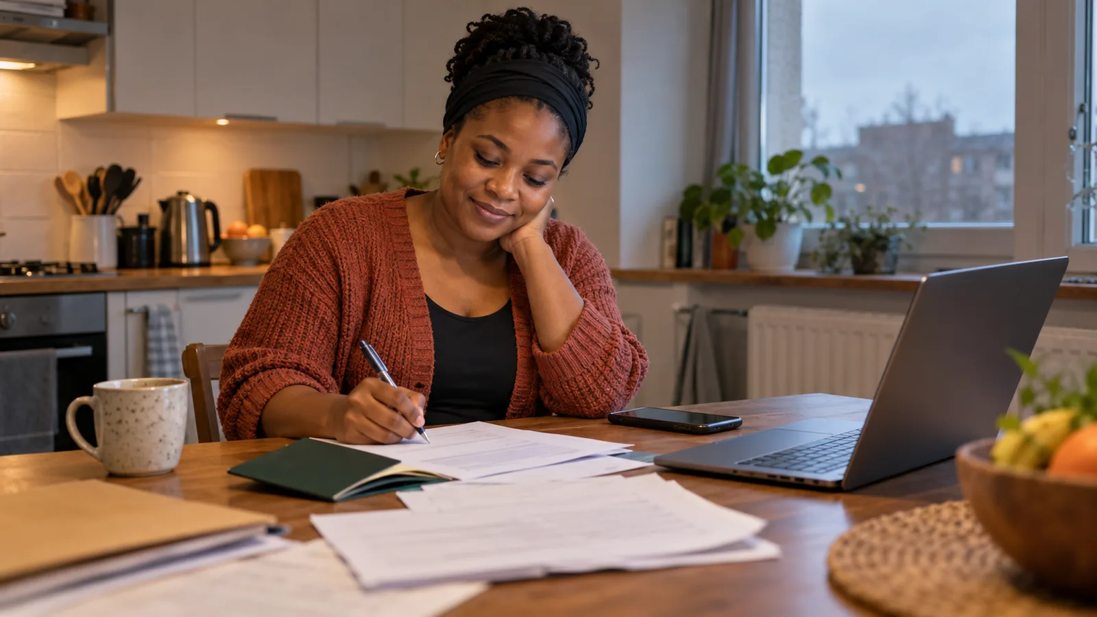Nigerian woman fills in a form at a kitchen table beside an open green passport, laptop and phone.