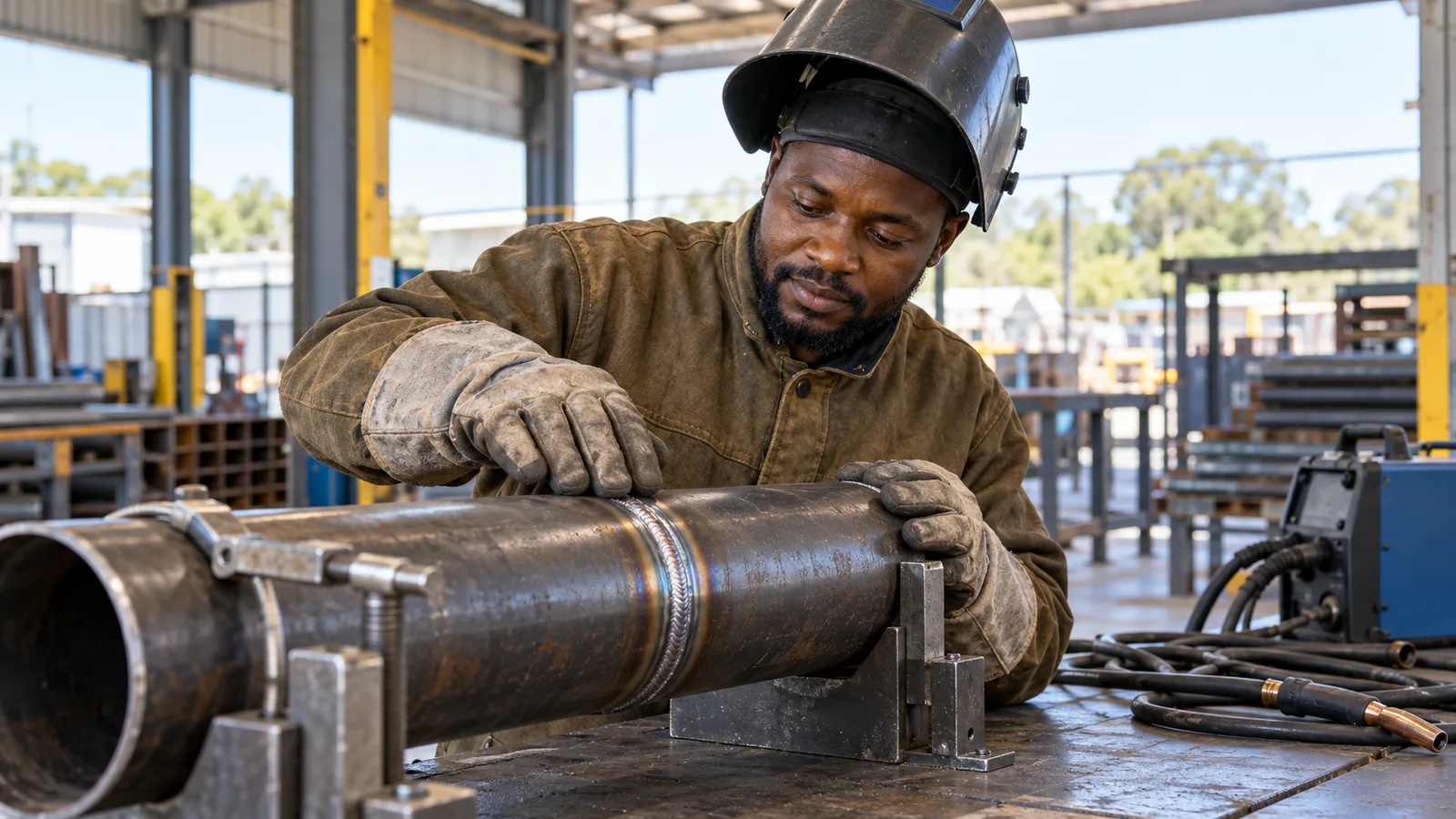 A Nigerian welder with a raised helmet inspects a fresh weld on a steel pipe in a fabrication workshop.