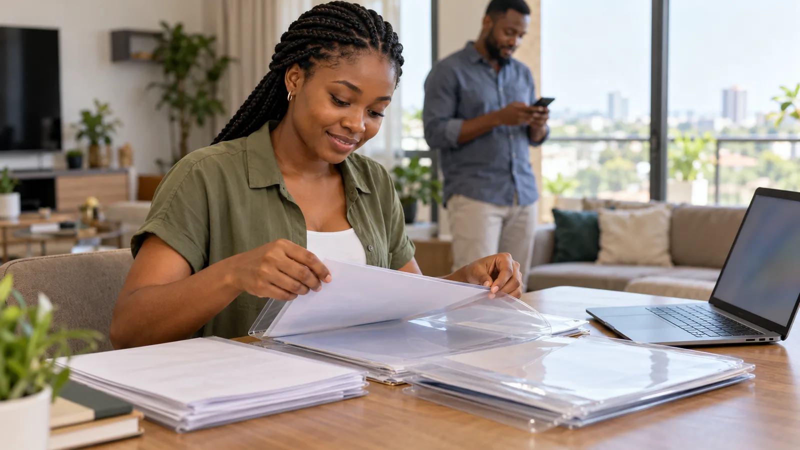 Nigerian woman sorts papers into clear folders at home in Abuja while a man checks his phone behind her.