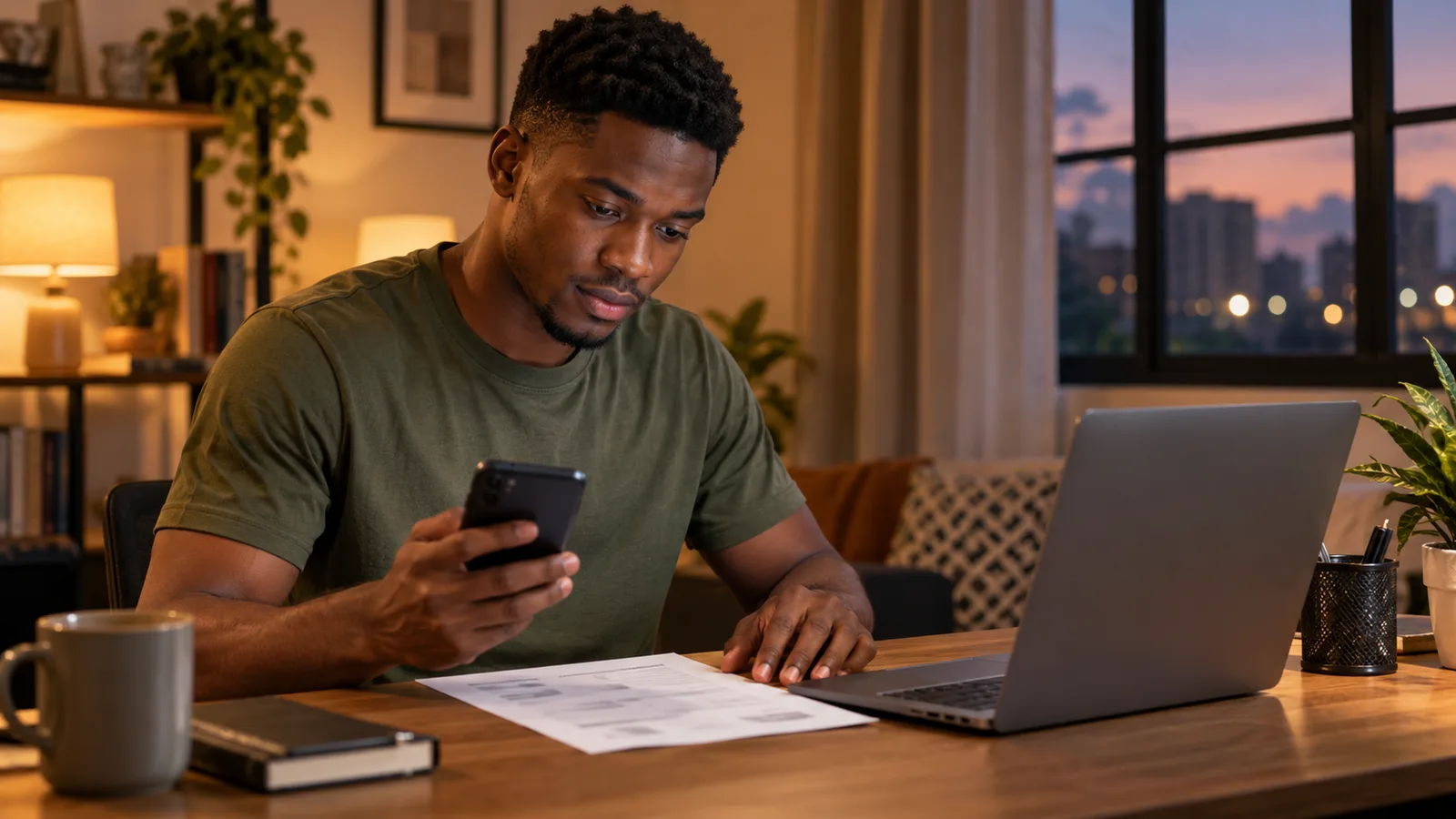 A young Nigerian man holds his phone while carefully reviewing a printed job offer beside a laptop at home.