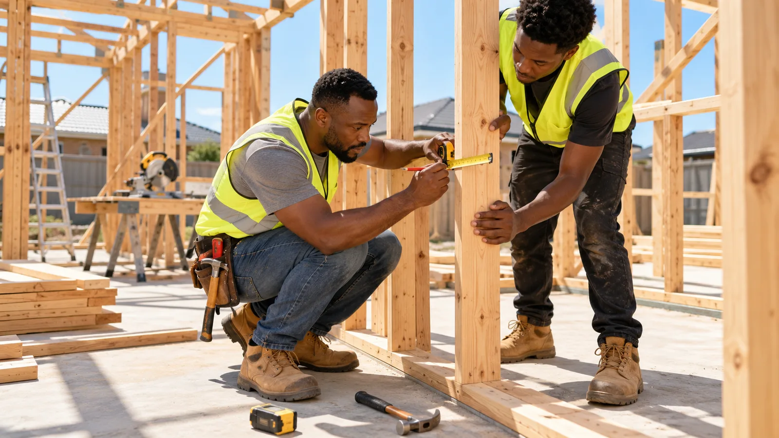Nigerian carpenter measures and marks a timber wall frame while a colleague steadies it on an Australian building site.