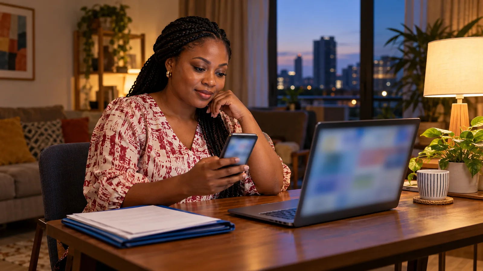 A Nigerian woman checks her phone beside an open laptop and a folder of papers in her Lagos apartment at dusk.