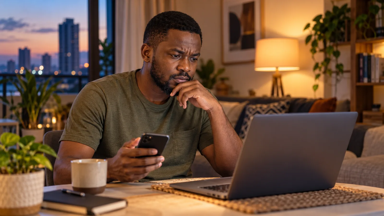 A Nigerian man studies his laptop while holding a phone at a warmly lit table in his Lagos apartment.