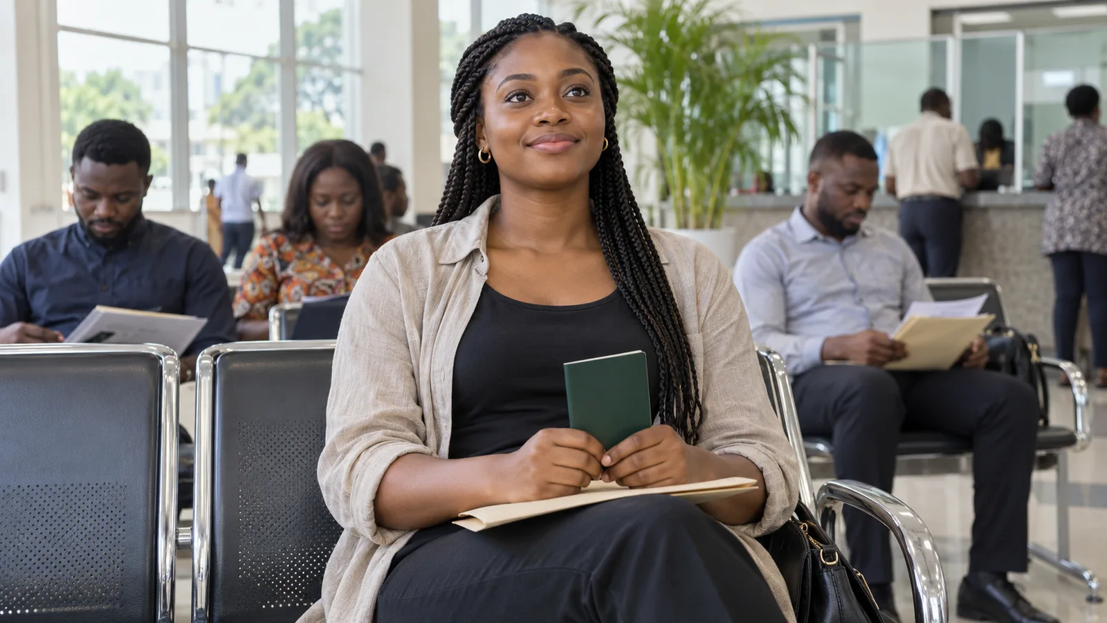 A Nigerian woman waits calmly in a bright passport office, holding a green passport and a folder on her lap.