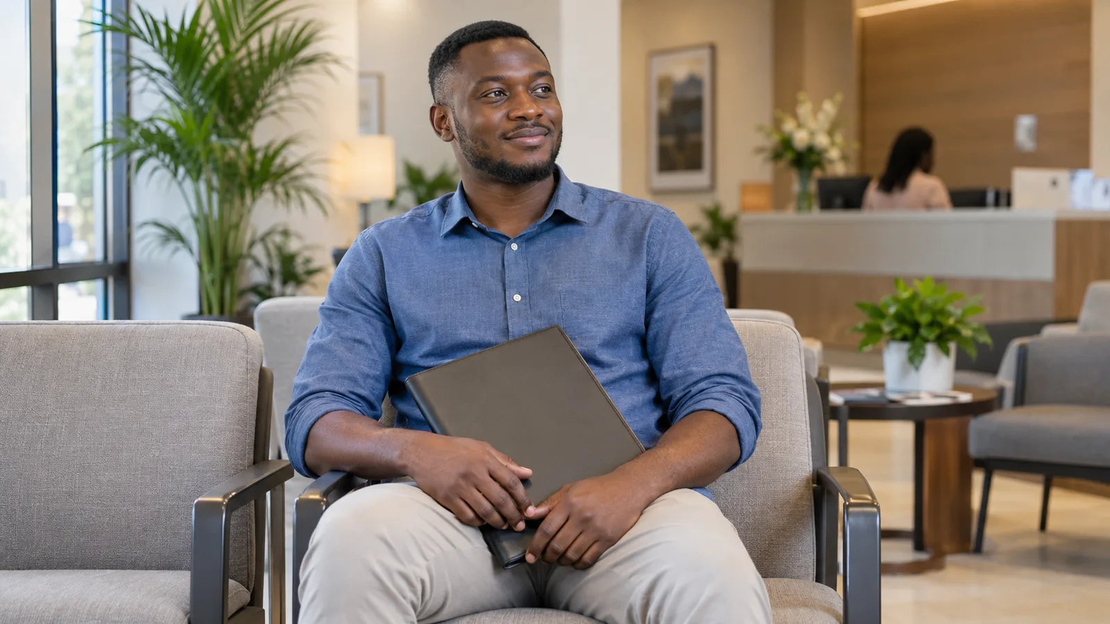 A Nigerian traveller holds a folder while seated in a bright clinic waiting room with a reception desk behind him.