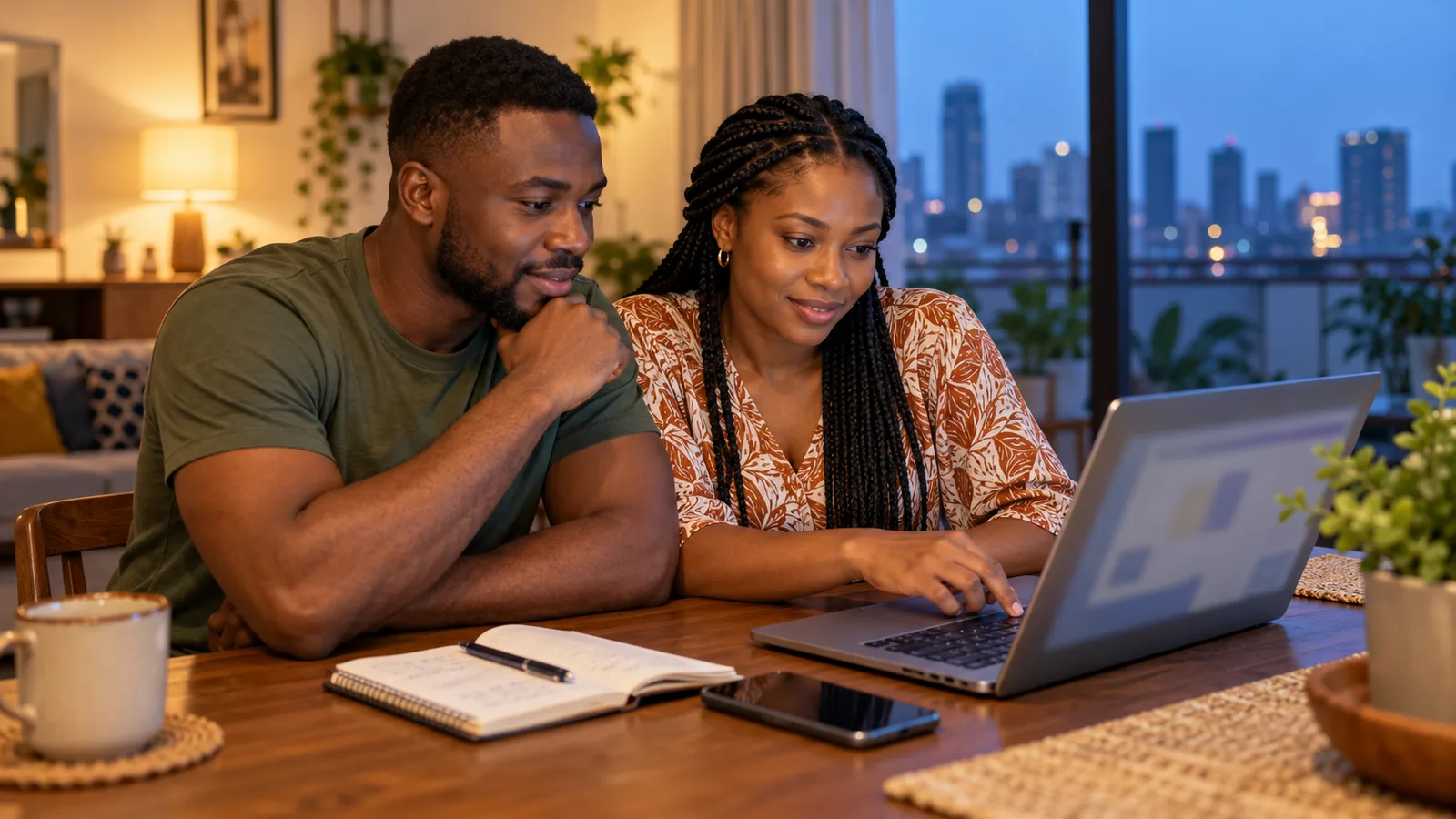 A Nigerian couple checks a laptop at their Lagos dining table, with a phone and notebook beside them.