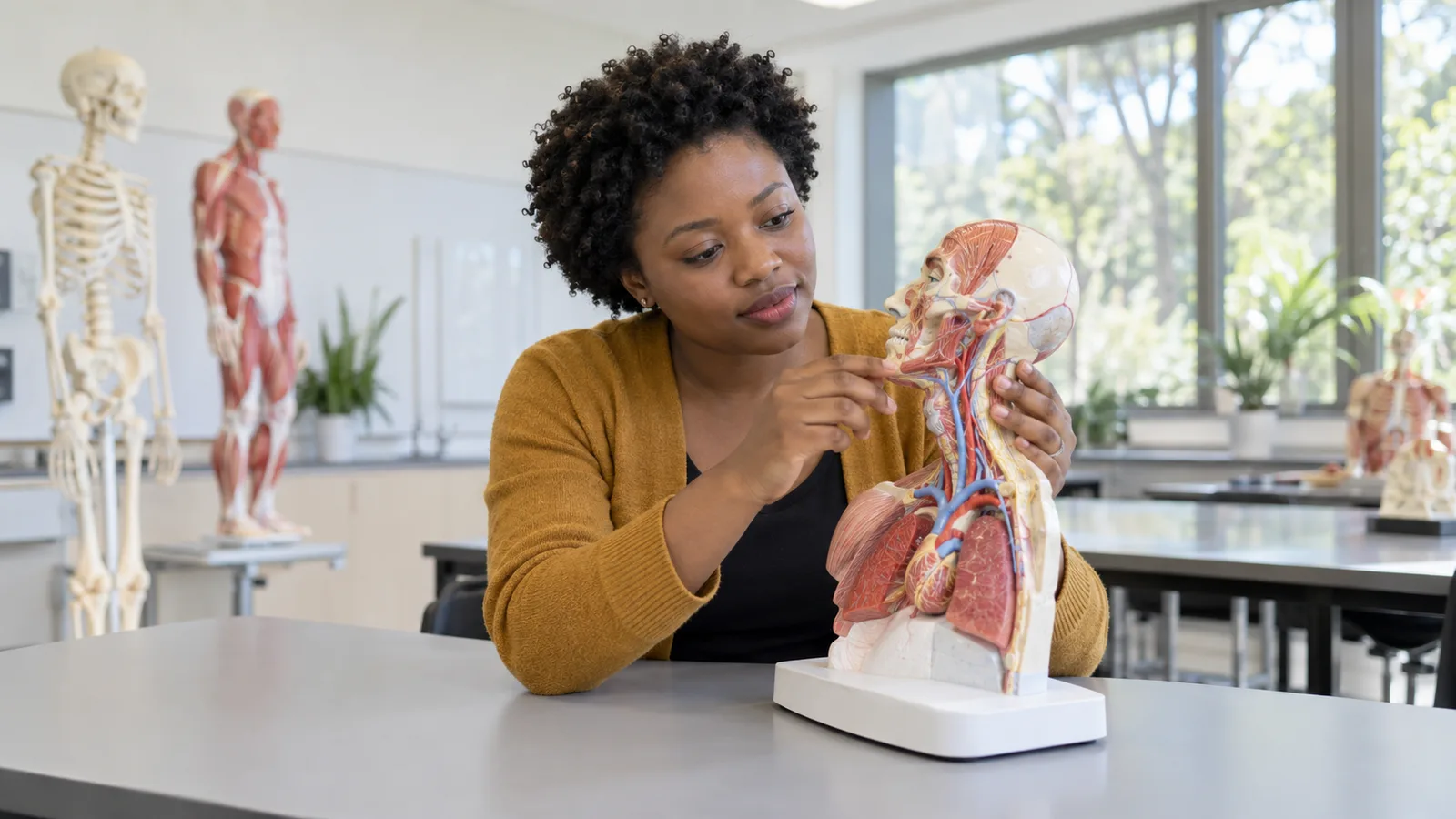 A Nigerian postgraduate student examines a teaching model at an Australian university.