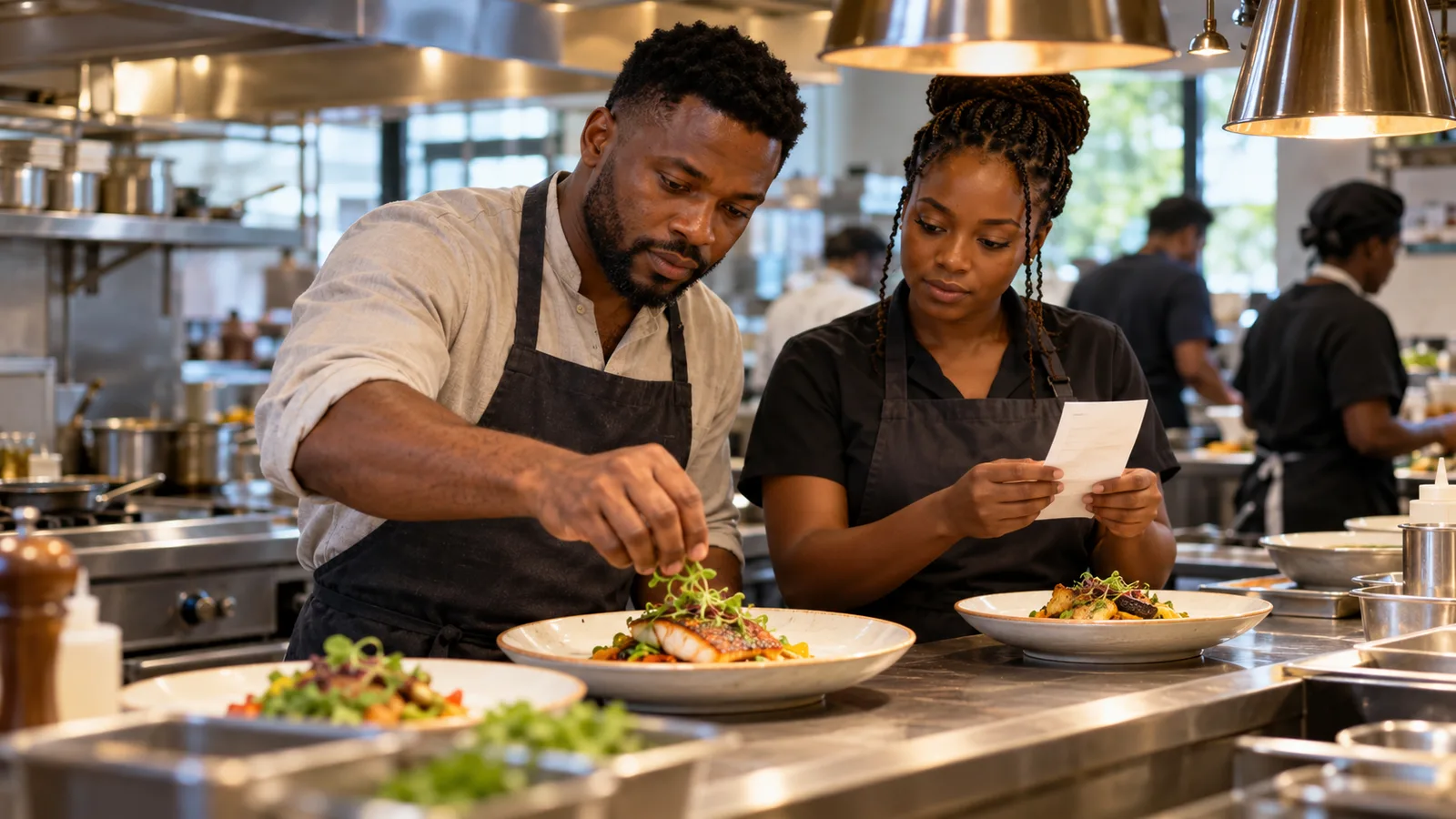 A Nigerian chef plates a dish in a busy commercial kitchen while a female colleague checks an order docket.