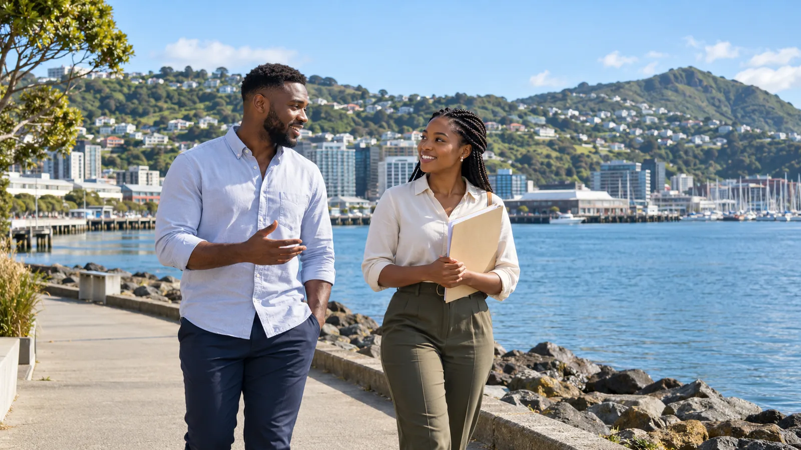 A young Nigerian man and woman walk beside Wellington harbour, with the woman holding a plain folder.