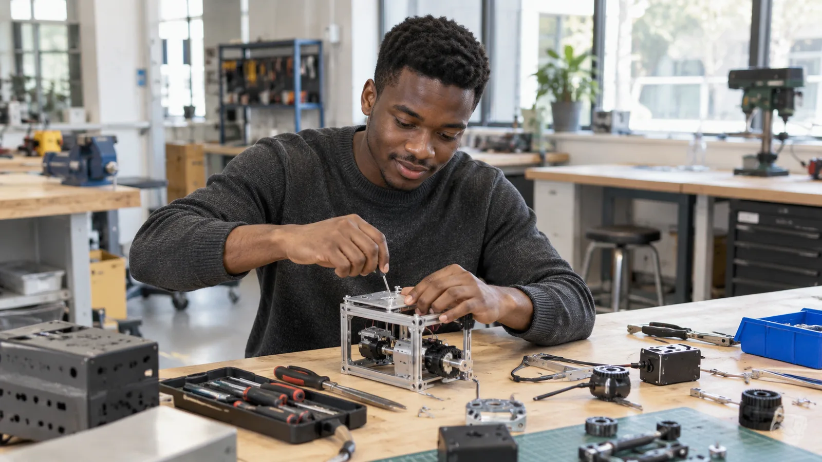 A Nigerian engineering student develops a prototype in an Australian university makerspace.
