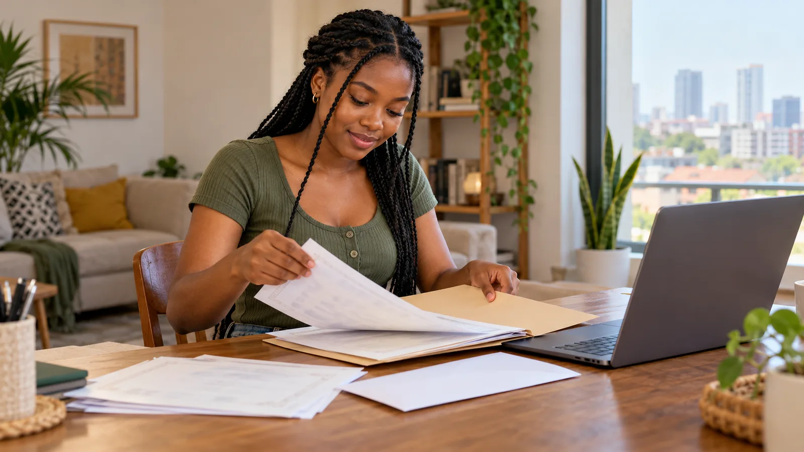 A young Nigerian woman sorts school certificates into a folder beside a laptop at a wooden table in a bright apartment.