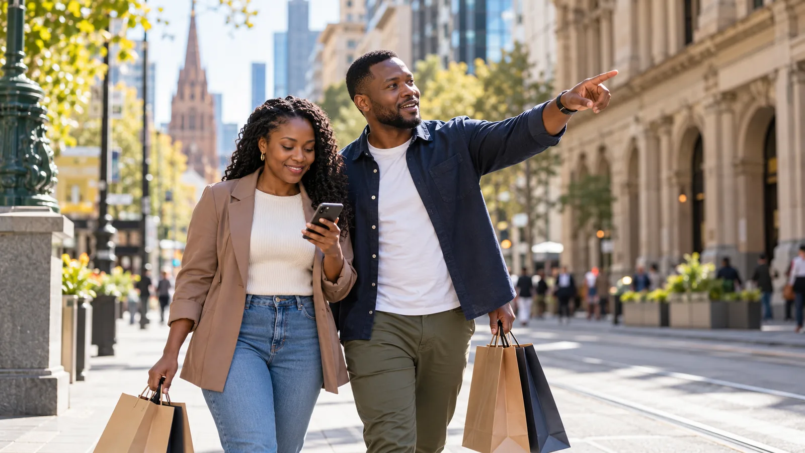 Nigerian couple carrying shopping bags on a sunny Melbourne street, the woman checking her phone as the man points ahead.