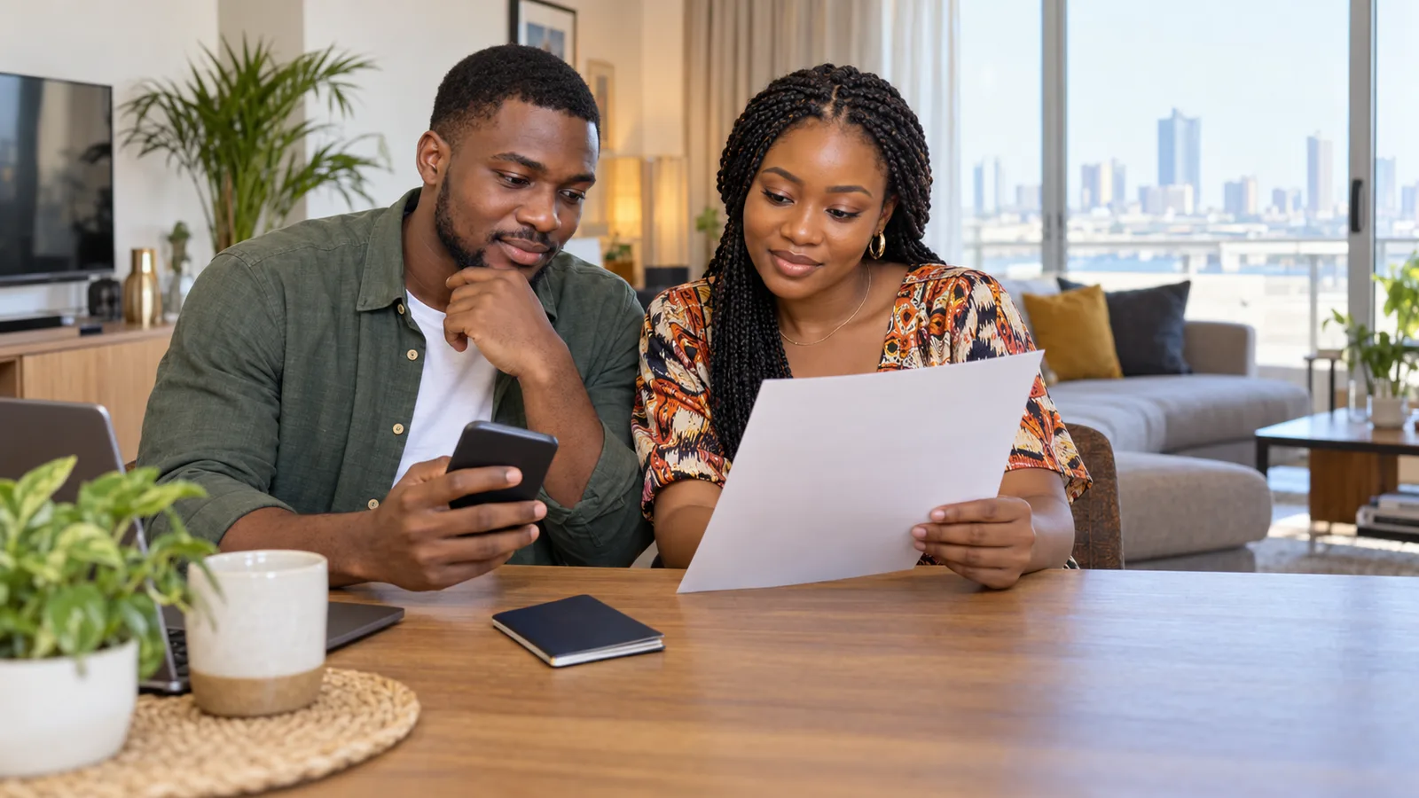 Two Nigerian job seekers review a contract and phone with a closed passport on the table in a bright Lagos apartment.